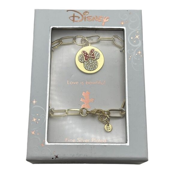 Disney Minnie Mouse Love is Bowtfiul Charm Link Bracelet Gold Plated NWT - Picture 1 of 2